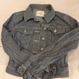 Talula Navy & White Striped cropped Denim Jacket